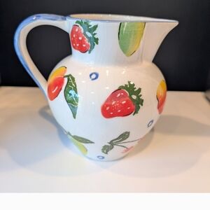 Hand-Painted Ceramic Pitcher with Fruit Motif Made in Portugal